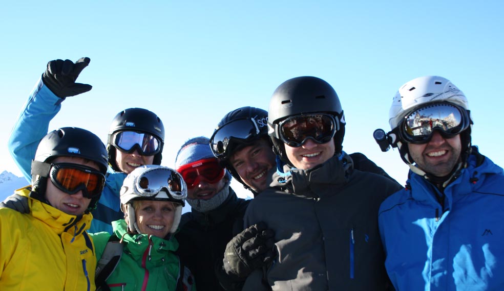 A group of skiers having the time of their lives