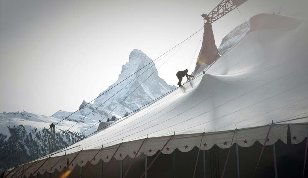 The main stage being erected in readiness for Zermatt Unplugged