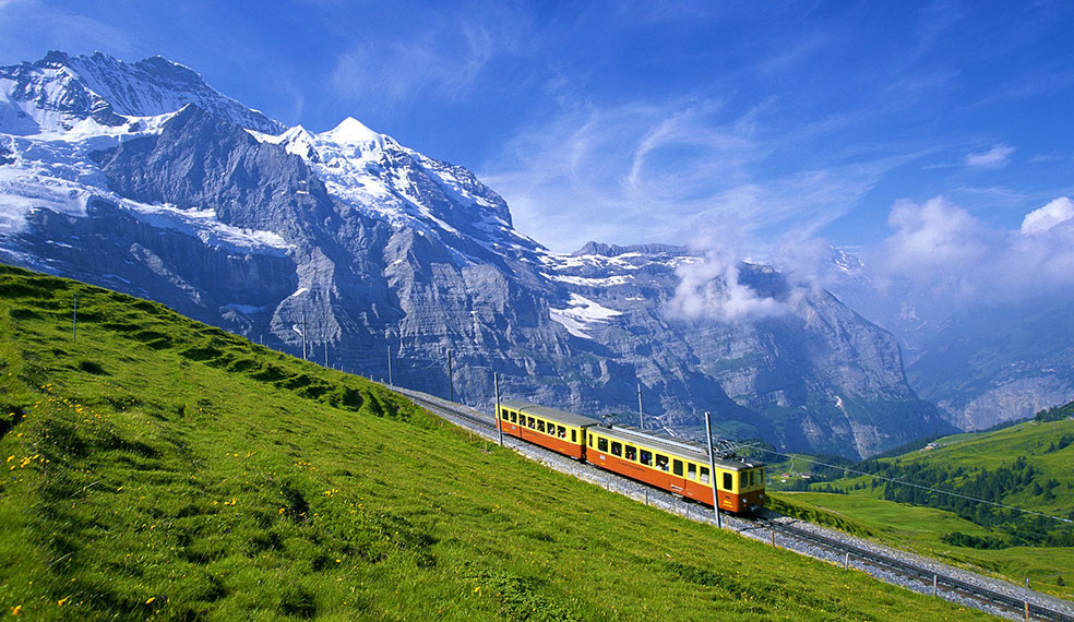 A Swiss train making it's way through the stunning scenery
