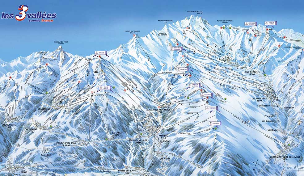 A piste map of the vast Trois Vallees ski domain