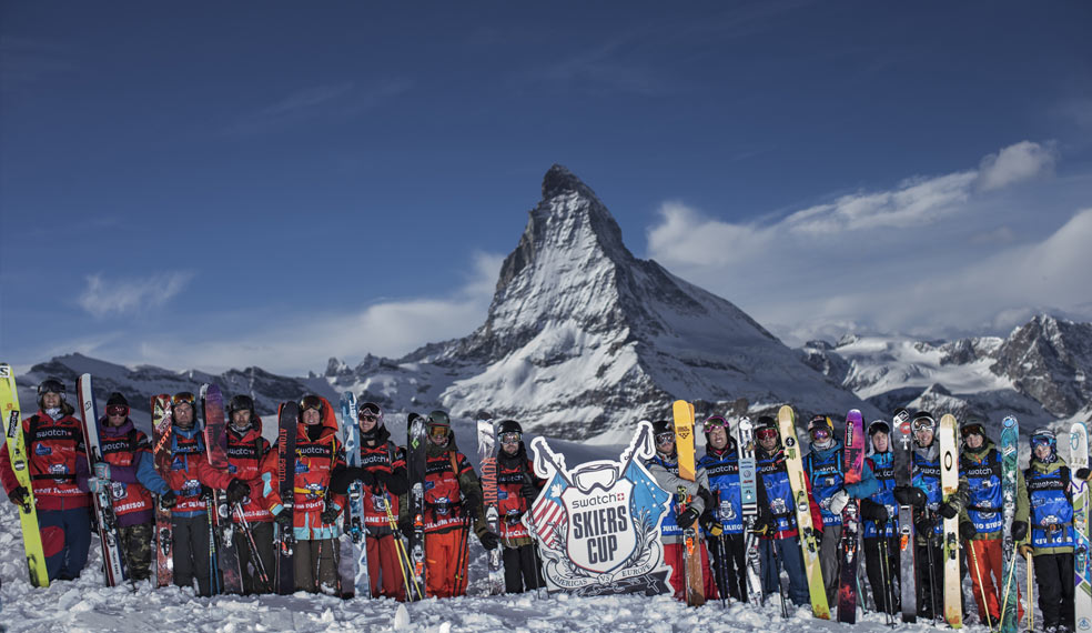 Competitors in the Swatch Skiers Cup line up in front of the Matterhorn
